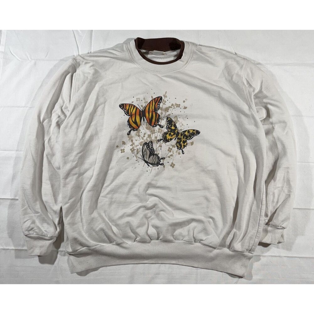 Vintage Top Stitch Women's XL Butterfly Rhinestone Double Collar Sweatshirt